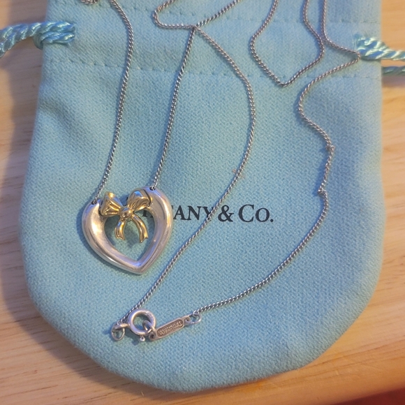 Tiffany & Co. Jewelry - Tiffany & Co 18k gold and 925 Silver Vintage Heart & Bow Necklace 17 inch COA